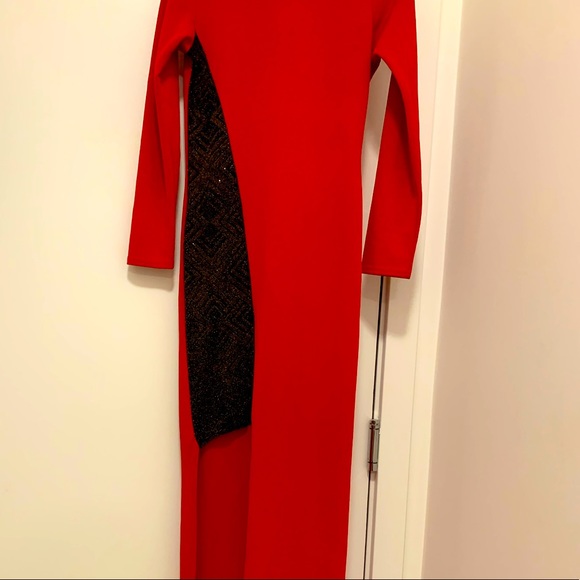 Asymmetrical Red dress with Gold and Black sequin - Picture 2 of 7